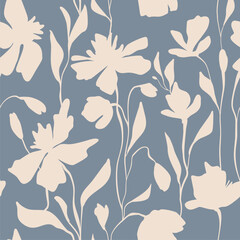 Seamless floral ink pattern with beige delicate vintage flowers on burgundy background, handmade botanical vector texture for fabric, ceramic design, greeting cards, wallpaper and textile prints