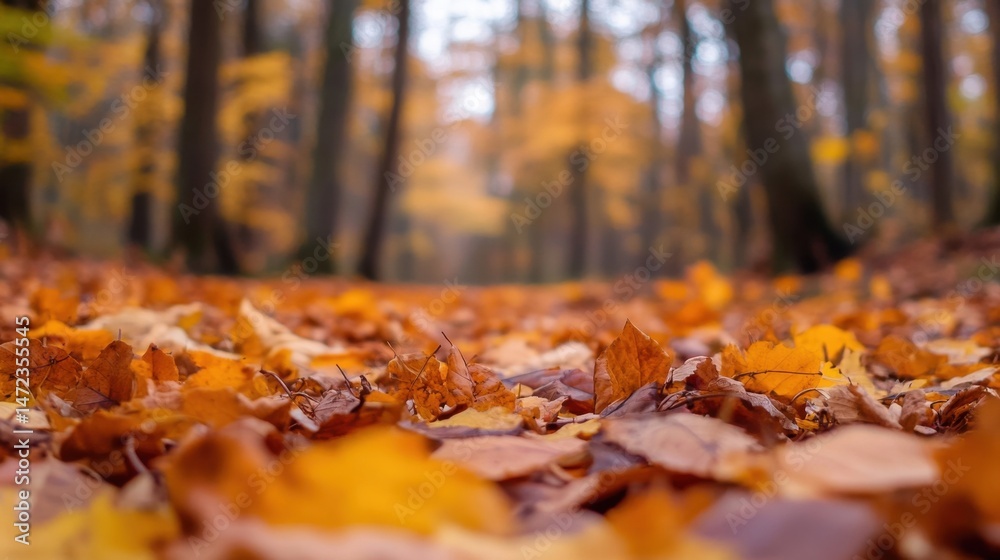 Poster autumnal forest floor covered in a carpet of fallen, golden-brown leaves, shallow depth of field, bl