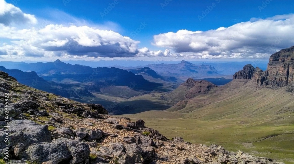 Poster panoramic view of the drakensberg mountains in south africa, showing a vast expanse of rugged terrai