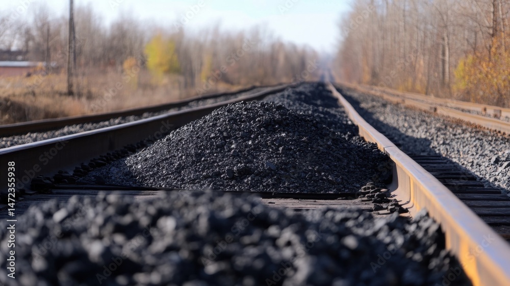 Poster a pile of dark ballast sits atop railroad tracks, extending into the distance on a sunny autumn day.