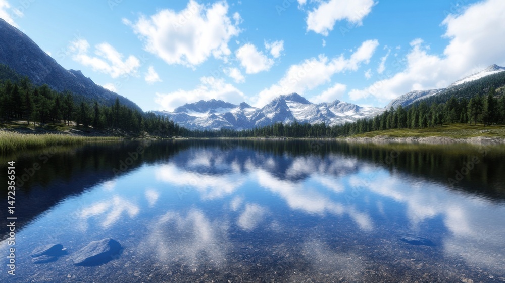 Aufkleber serene mountain lake reflecting a stunning snow-capped peak range under a bright, partly cloudy sky,