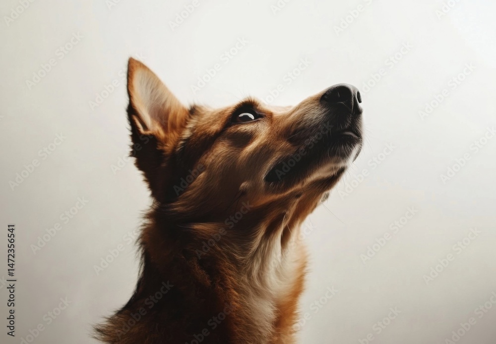 Poster a curious, reddish-brown dog looks upward, its fur softly illuminated against a bright, neutral back