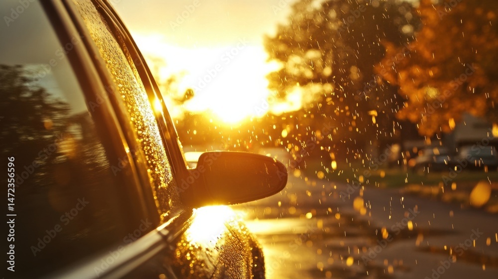 Poster golden sunset illuminates a car's side window, water droplets glistening on the surface as light str