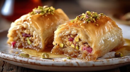 Delicious baklava pastries, golden brown layers filled with pistachios and cranberries, drizzled with honey, served on a rustic plate. : Generative AI