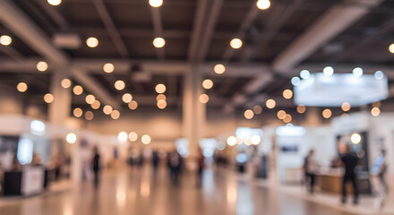 Abstract Blurred Interior of Large Event Space with Shiny Floor Overhead Lights and People near Booths