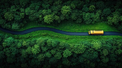 Aerial View of a Yellow School Bus Traveling on a Winding Road Through Lush Green Forest