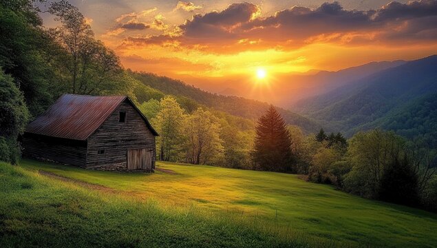 Rustic barn at sunset in a mountain valley.  - Powered by Adobe
