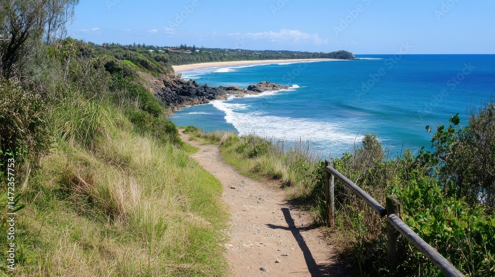 Poster coastal walking path overlooking a scenic australian beach with turquoise ocean waves crashing on ro