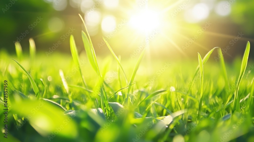Poster close-up view of vibrant green grass blades illuminated by warm sunlight, creating a serene and peac