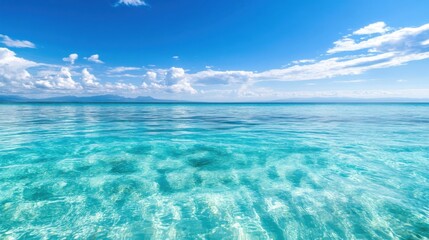 Obraz premium Tranquil turquoise ocean water with a distant mountain range under a bright blue sky, showcasing a serene and idyllic seascape. : Generative AI