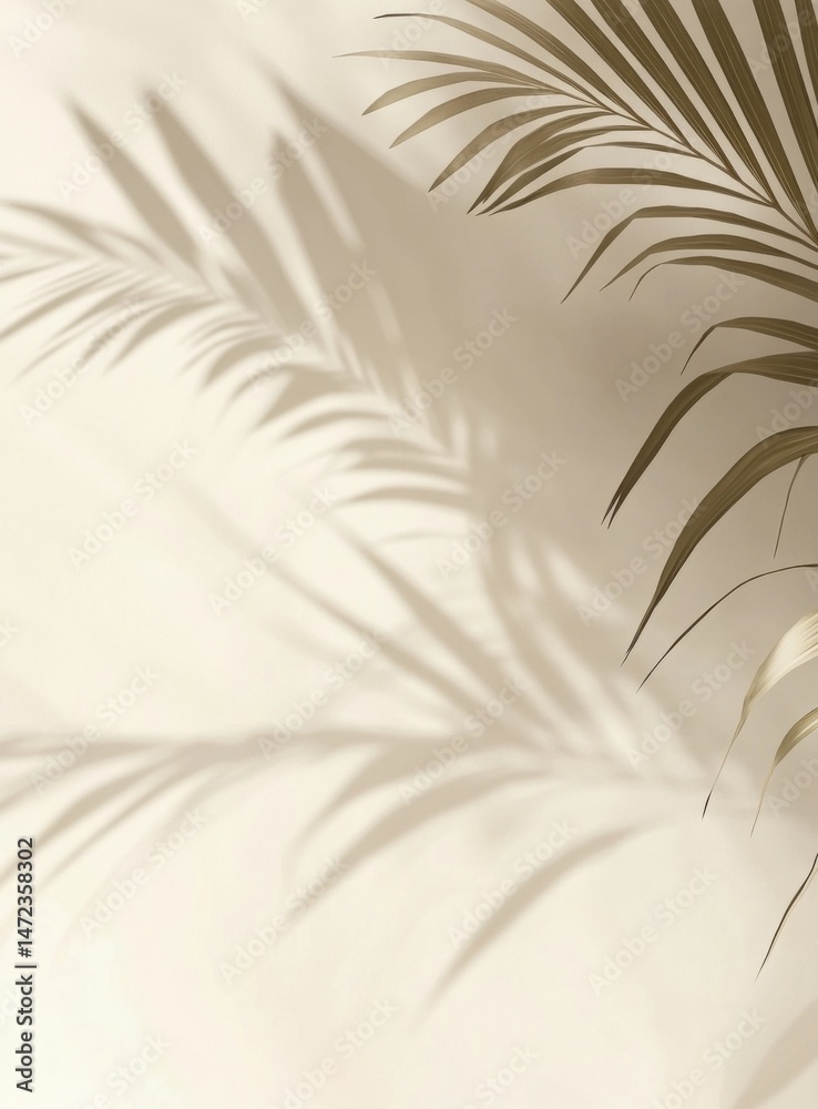 Poster Elegant palm leaf shadows cast on a beige wall, creating a minimalist and serene aesthetic.  Perfect for design projects needing a touch of natural elegance. : Generative AI