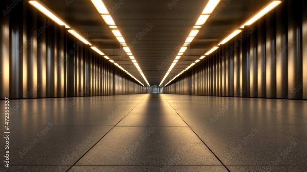 Poster A long, dimly lit corridor with metallic walls and a reflective floor, illuminated by rows of bright fluorescent lights, creating a futuristic and atmospheric scene. : Generative AI