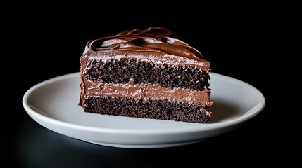 Double-layer chocolate cake slice with frosting and whipped cream flower on white plate.