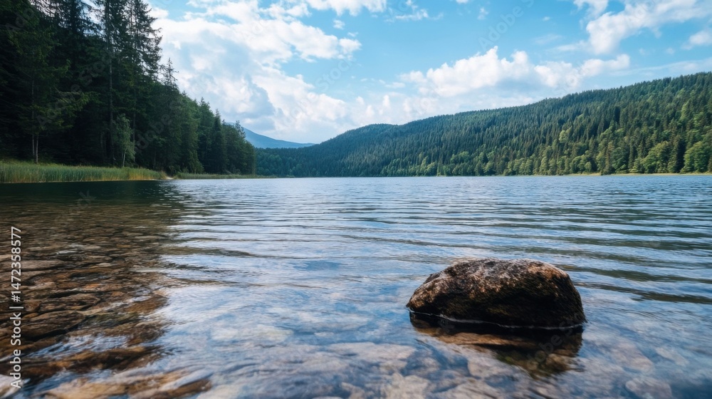 Poster serene mountain lake scene with crystal-clear water, a single rock in the foreground, and a lush gre