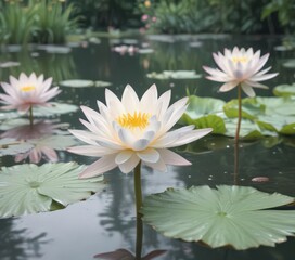 Delicate watercolor water lilies in a serene garden setting, soft pastel tones , serene, painting