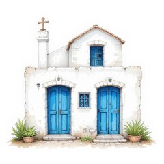 Fototapeta premium Charming White Building With Blue Doors and Cross on Top, Representing Mediterranean Architecture