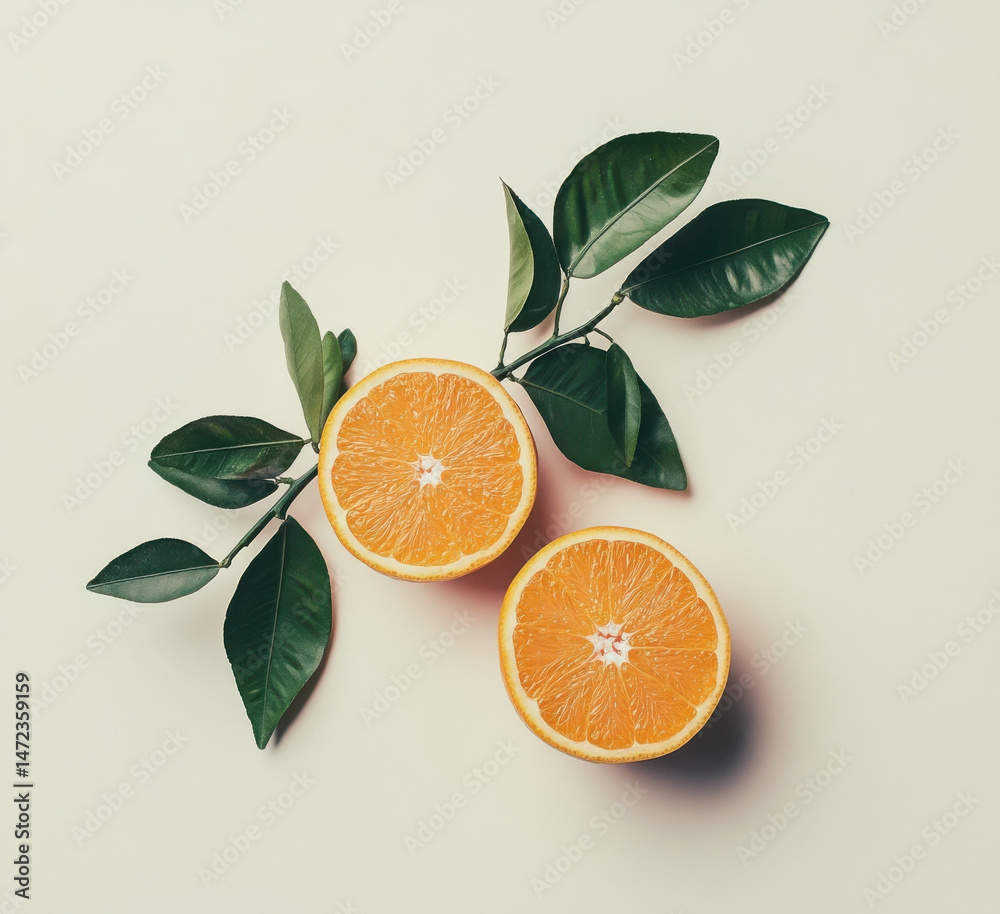 Poster two juicy orange halves with vibrant green leaves arranged on a beige background, creating a fresh a