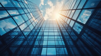 Modern glass skyscraper architecture reflecting blue sky and sunlight, low angle view showcasing the building's sleek design and intricate details. : Generative AI