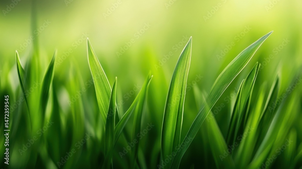 Poster close-up view of vibrant green blades of grass illuminated by soft sunlight, showcasing intricate le