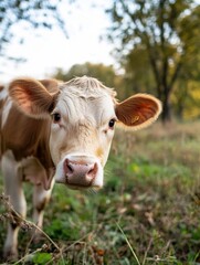 Curious young calf, brown and white coat, gazes directly at camera in autumnal pasture.  Close-up view of its gentle face and pink nose. : Generative AI