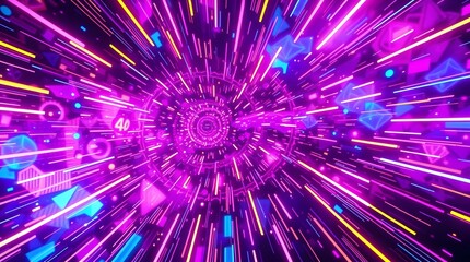 Obraz premium Abstract neon light tunnel with vibrant colors and geometric shapes, creating a dynamic and energetic background.