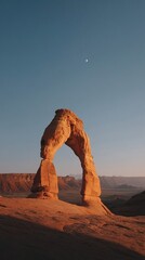 Scenic rock formation under a blue sky with a sliver of moon, desert landscape and golden light.