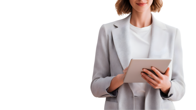Young businesswoman using tablet device modern gray suit professional stylish elegant office worker on transparent background app - Powered by Adobe