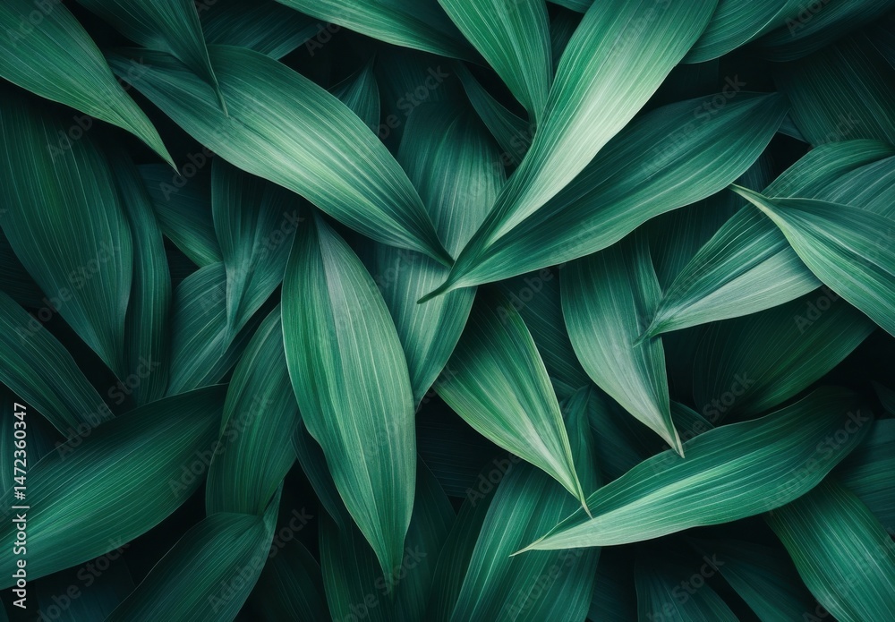 Poster A lush, vibrant close-up showcasing a dense array of emerald green leaves, their parallel veins creating a striking texture; perfect for nature-themed designs. : Generative AI