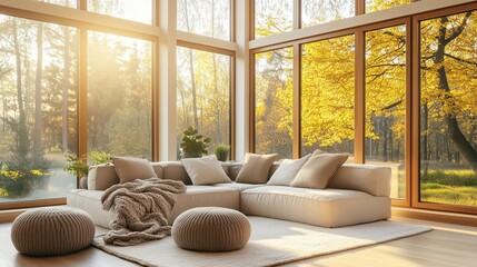 Fototapeta premium Autumn Cozy Living Room with Large Windows
