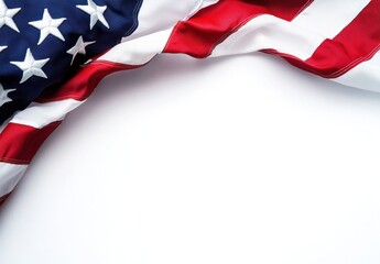American flag draped elegantly on a white background, leaving ample space for text or design elements. Perfect for patriotic celebrations or memorial designs. : Generative AI