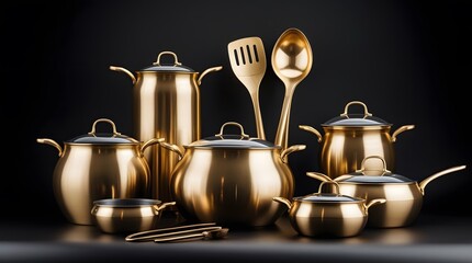 Golden Kitchen Utensils Hanging on Marble Wall