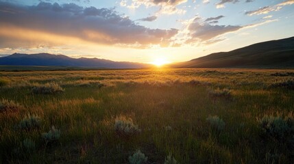 Fototapeta premium Golden sunset over a vast, grassy plain, silhouetted against a majestic mountain range. The sun's rays illuminate the landscape, creating a breathtaking scene of natural beauty. : Generative AI