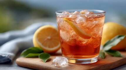 A glass of iced tea filled with ice cubes and garnished with lemon slices sits on a wooden board. A serene outdoor backdrop complements this refreshing beverage during warm weather