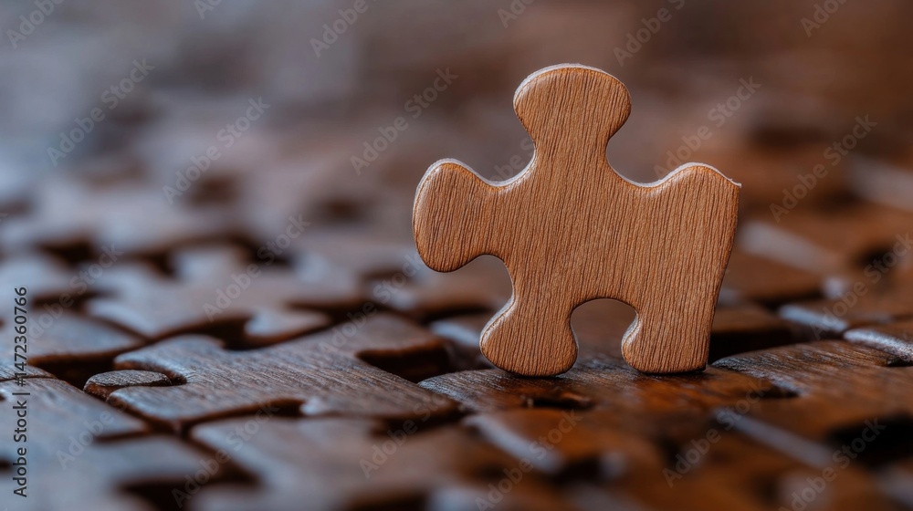 Poster a single wooden jigsaw puzzle piece stands above a partially completed puzzle, representing solution