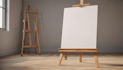 Sturdy wooden easel legs supporting a pristine blank canvas ,  clean, easel