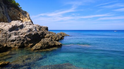 Fototapeta premium Serene coastal scene featuring clear turquoise water lapping against rugged, rocky cliffs under a vibrant blue sky, a tranquil summer day. : Generative AI
