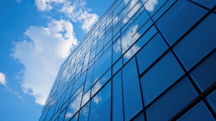 Modern glass skyscraper facade reflecting blue sky and fluffy clouds, low angle view showcasing architectural detail and design. : Generative AI