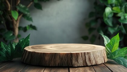 Fototapeta premium Circular wood slice on wooden table with green leaves and blurred foliage.