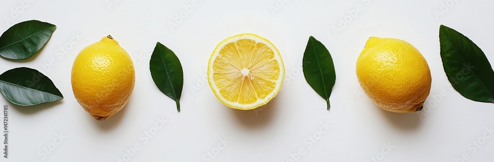 Poster Two whole lemons and a lemon half with green leaves arranged on a white background, creating a vibrant and refreshing citrus composition. : Generative AI