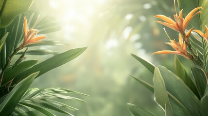 Fototapeta premium Vibrant Tropical Background with Lush Orange Flowers and Green Leaves