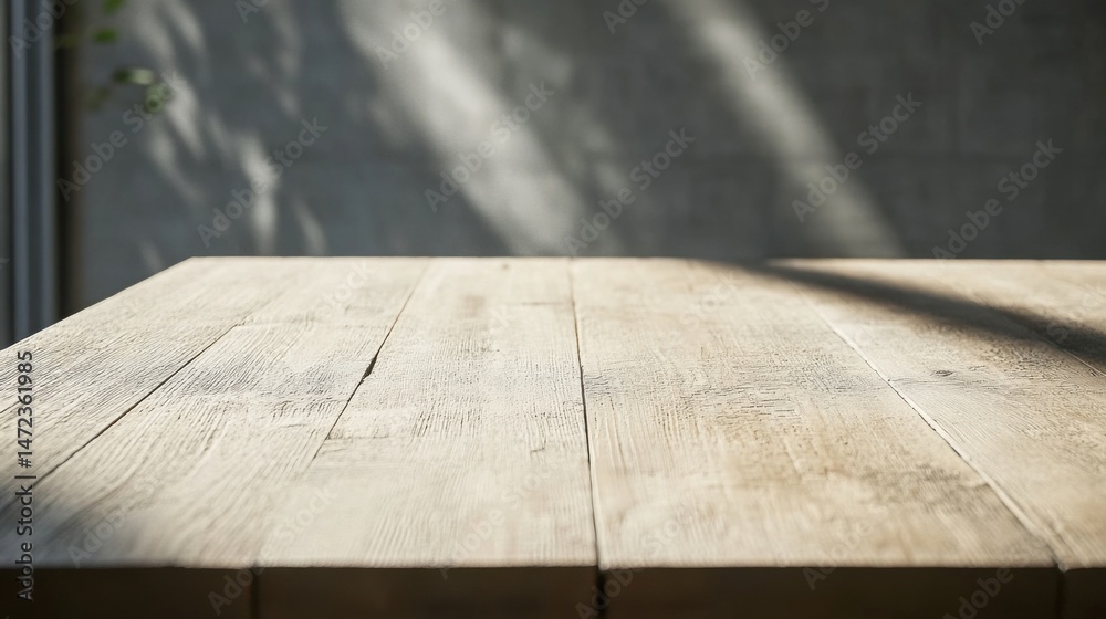 Poster Sunlight illuminates a rustic wooden table against a blurred grey concrete wall, creating a serene and minimalist scene ideal for product placement or design presentations. : Generative AI