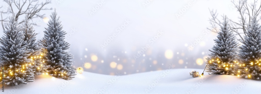 Poster two snow-covered fir trees adorned with warm fairy lights stand in a winter wonderland scene, a smal