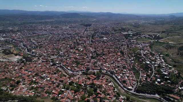 Bergama District in Izmir, Turkey. Beautiful landscape of Bergama. Aerial shooting with drone.