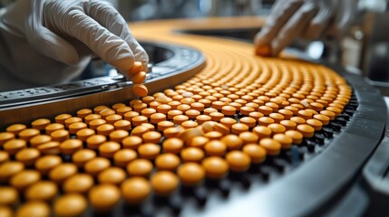 Pharmaceutical production process showcasing hand sorting of orange pills on conveyor belt
