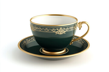 Fototapeta premium Clip art of a dark green cup and saucer with gold trim on a white background