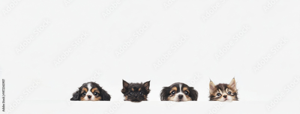 Poster four adorable puppies and kitten peeking over a white surface, looking directly at the camera. a cha