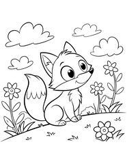 Majestic foxes in a Blooming Flower Field Coloring Page, Black Vector Illustration