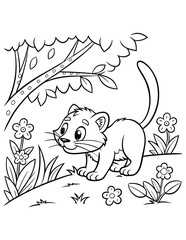 Majestic panthers in a Blooming Flower Field Coloring Page, Black Vector Illustration.