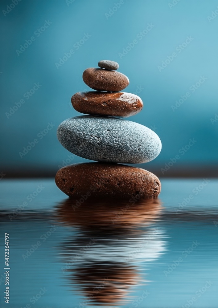 Aufkleber serene stack of balanced stones reflecting in calm water, a symbol of tranquility and zen. : generat