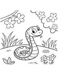 Majestic Snakes in a Blooming Flower Field Coloring Page, Black Vector Illustration.
